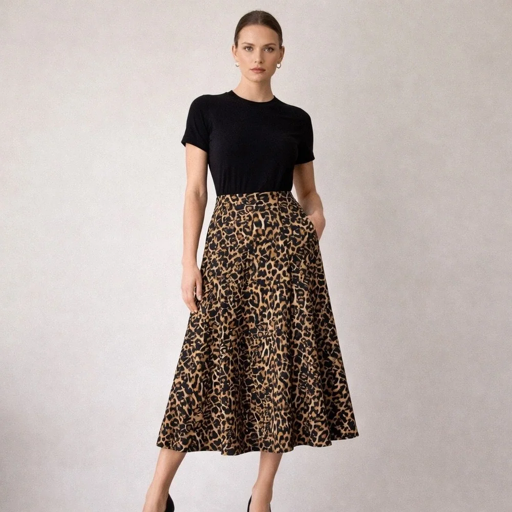 Leopard Print Skirt Womens Large Tan Black Midi A-Line Stretch Carole Wren